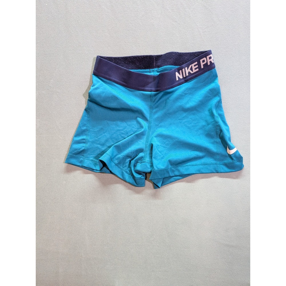 Nike Pro Dri-FIT Women Compression Shorts Teal Blue Navy Waistband Size S